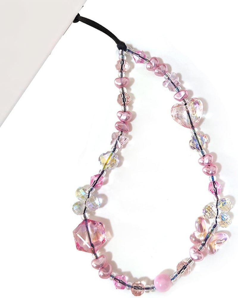 WCCH Beaded Phone Charm Y2K Kawaii Handmade Acrylic Phone Lanyard Wrist Strap for Camera Bag Airpods Keychain Charm Pink Purple Crystal Beads and Butterfly - Image 1